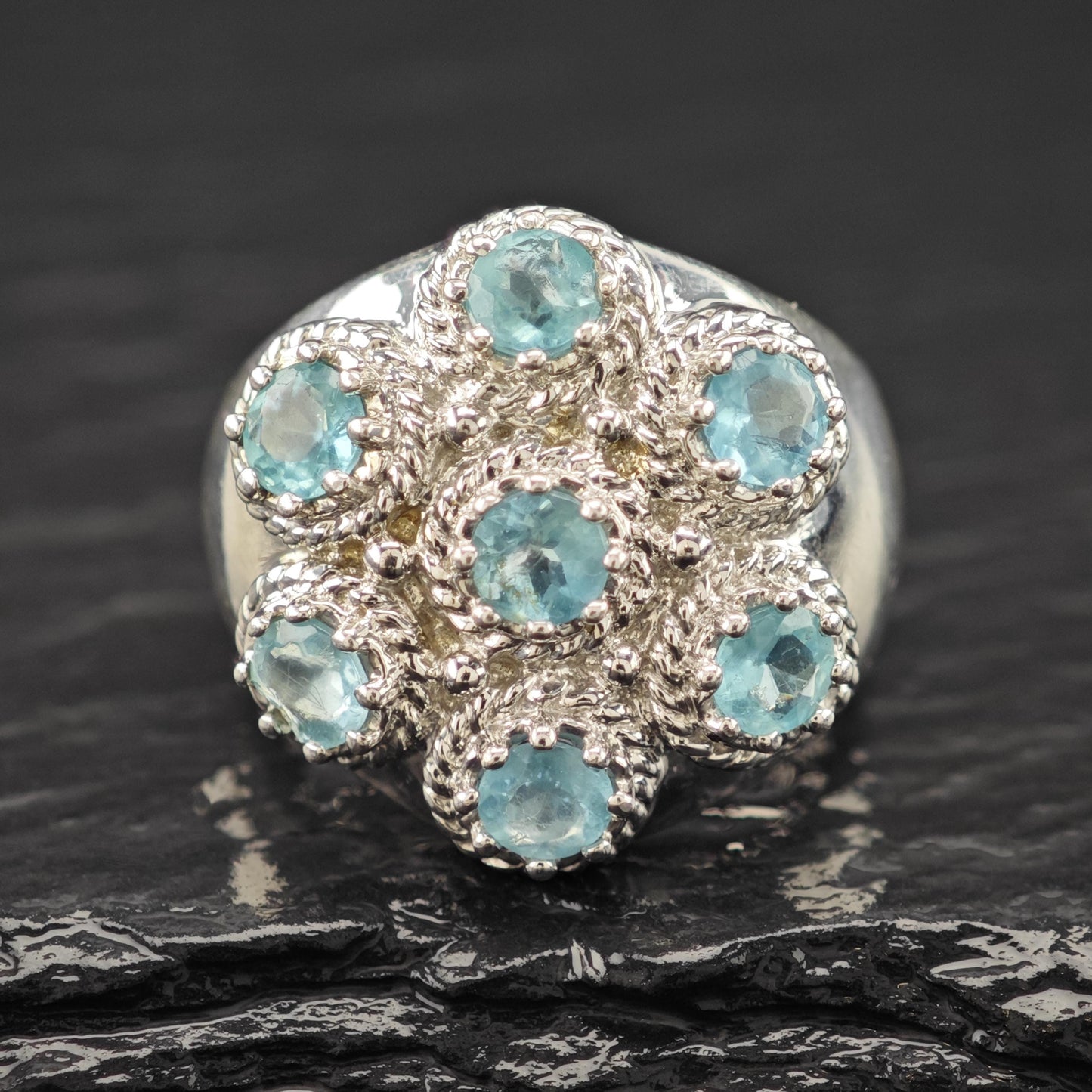 Blue Gemstone Floral Ring Sterling Silver Sz 7 R6148