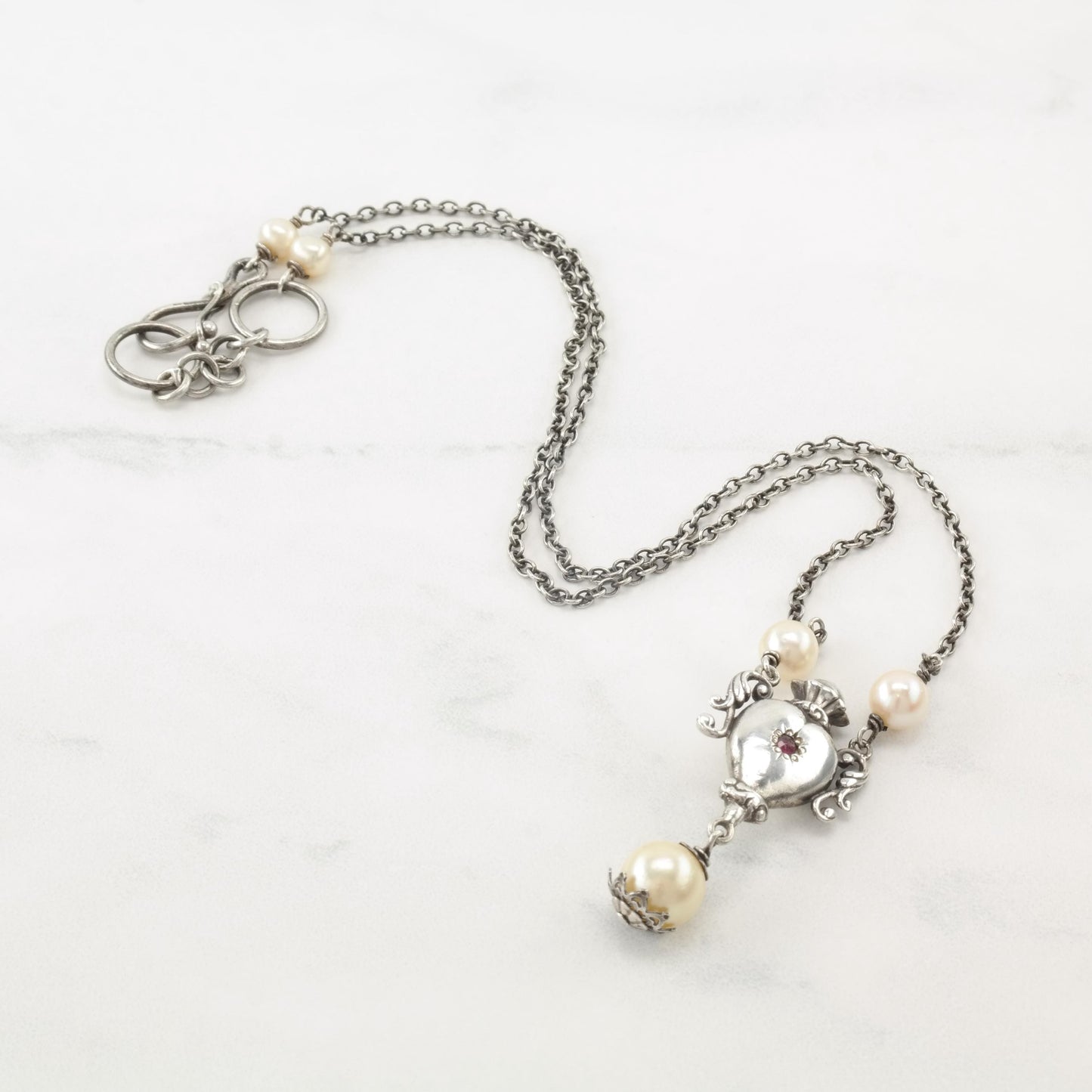 Vintage Art Novaue Natural Pearl, Rose Cut Ruby Urn Sterling Silver Necklace N2377