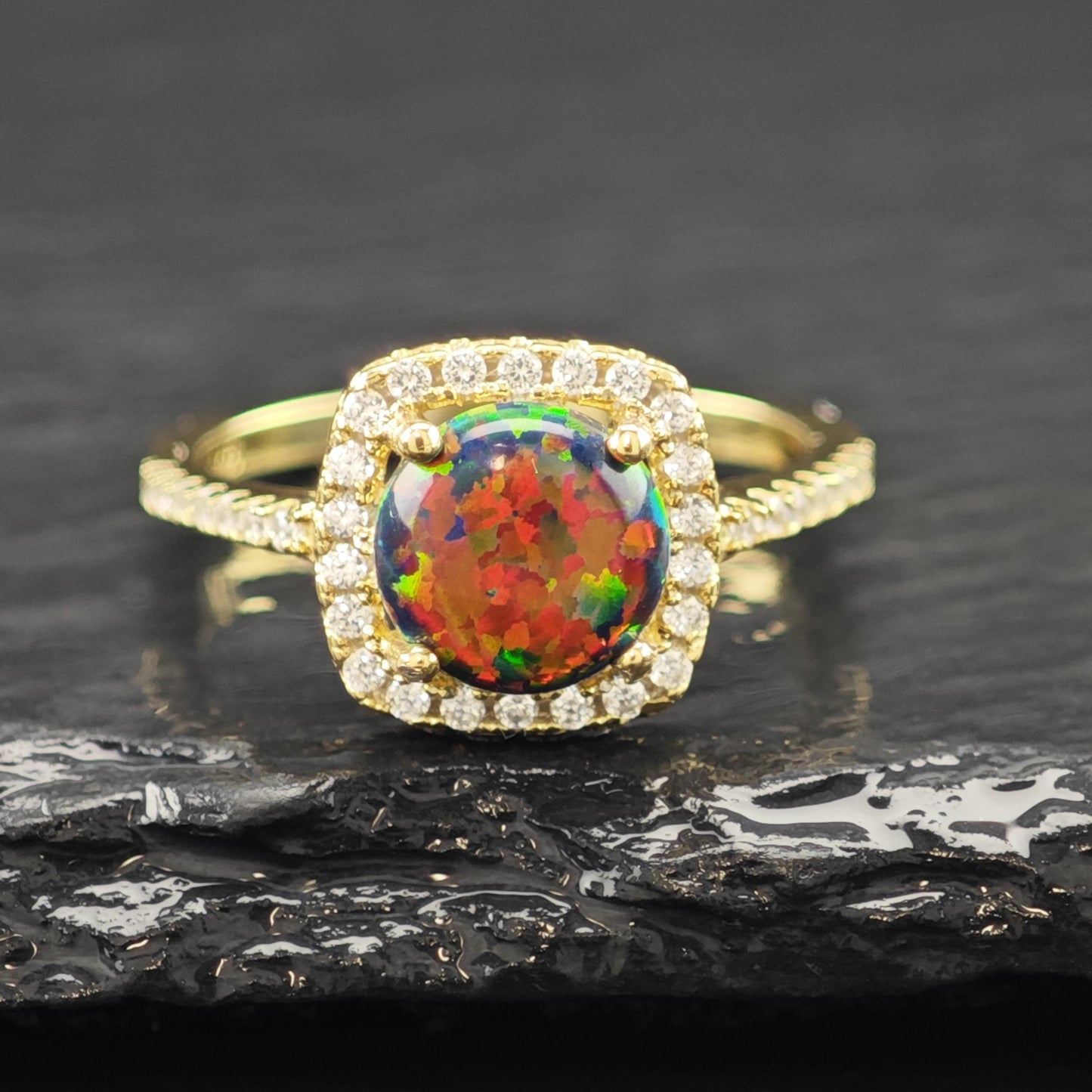 Lab Black Opal Halo 14K Gold Plated Ring Sterling Silver Sz 7 1/2 R6178