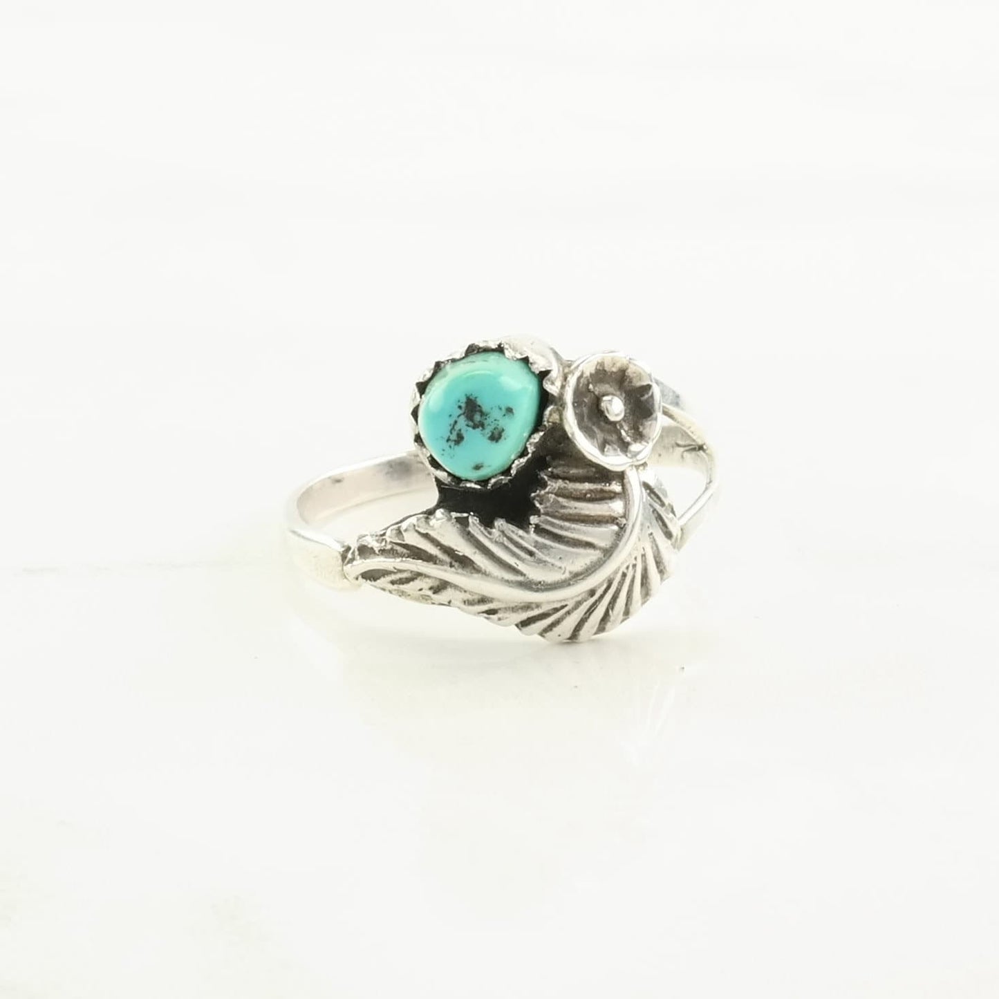 Native American Sterling Silver Ring, Turquoise Floral, Feather Blue Size 8