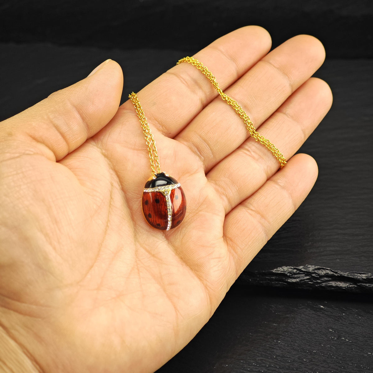 MMA Enamel CZ Lady Bug Gold-Plated Sterling Silver Pendant & Chain P3084