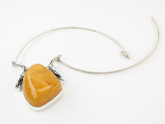 Modernist Sterling Silver Amber Stone Floral Necklace