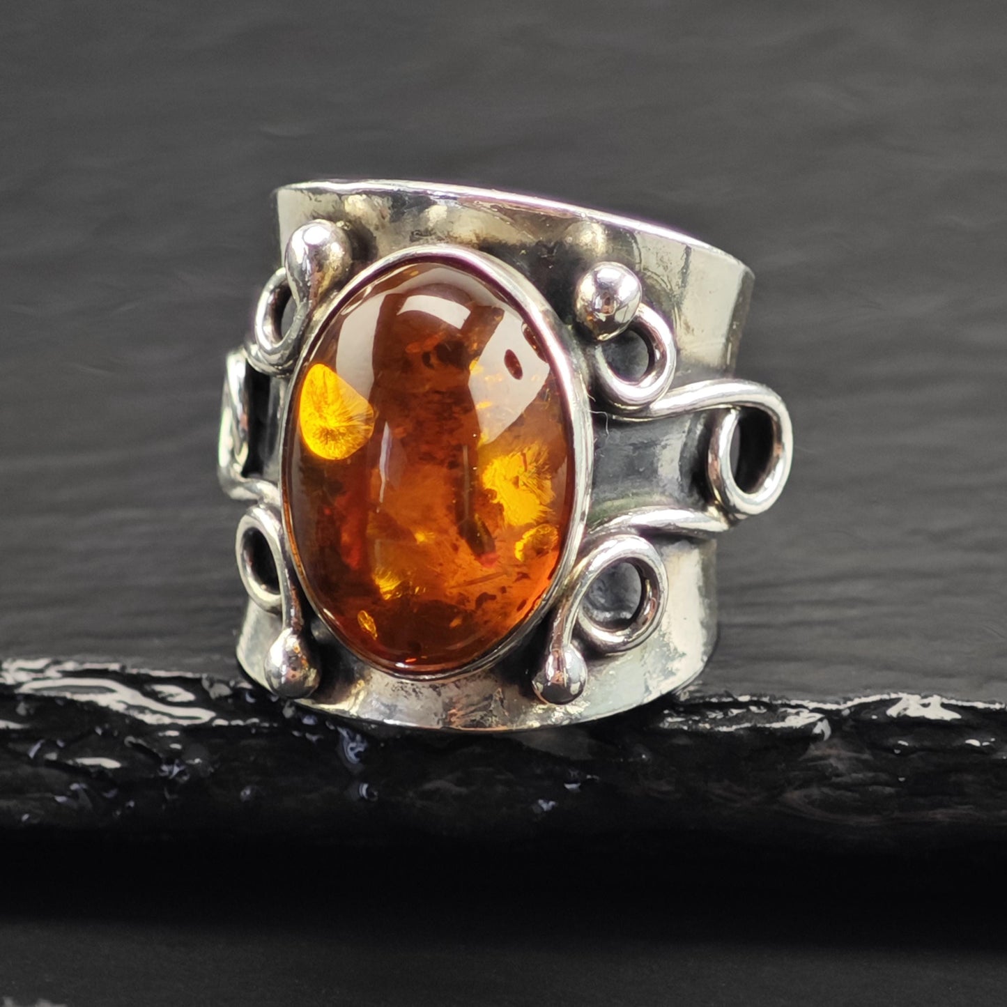 Large Amber Modernist Sterling Silver Ring Sz 6 3/4 R6727