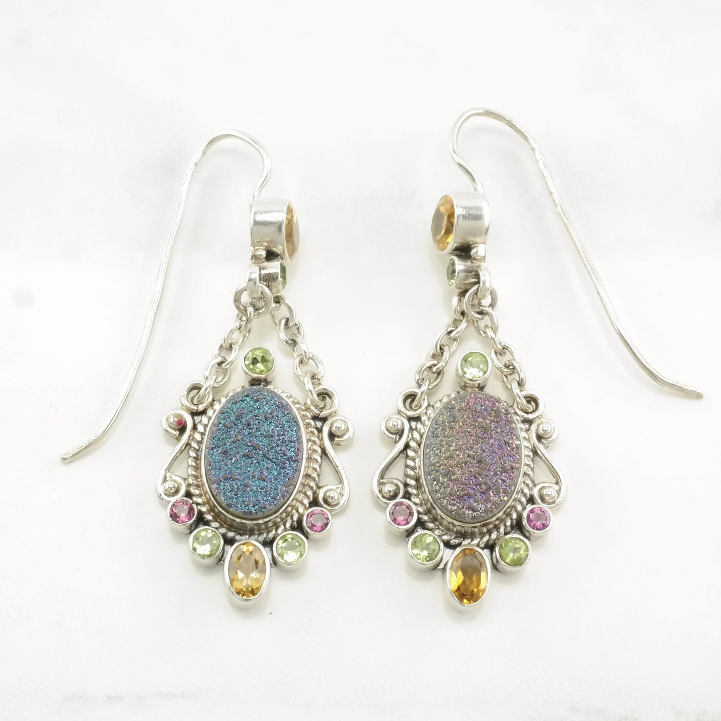 Nicky Butler Sterling Silver Druzy, Citrine, Multi Gem Earrings Fish Hook Dangle