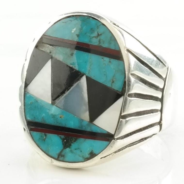 Vintage Native American Silver Ring Turquoise, Onyx, MOP Inlay Sterling Blue, Black, White Size 12 3/4