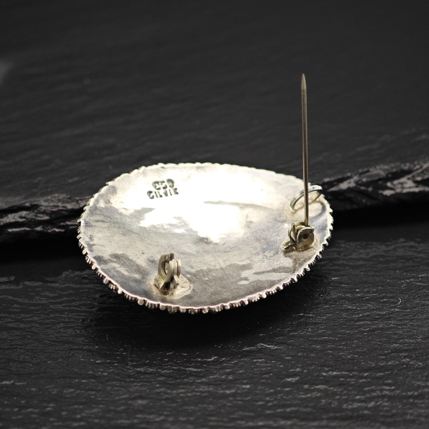 Jerusalem Blue Stone Teardrop Brooch Pendant with White Faux Pearls Sterling Silver