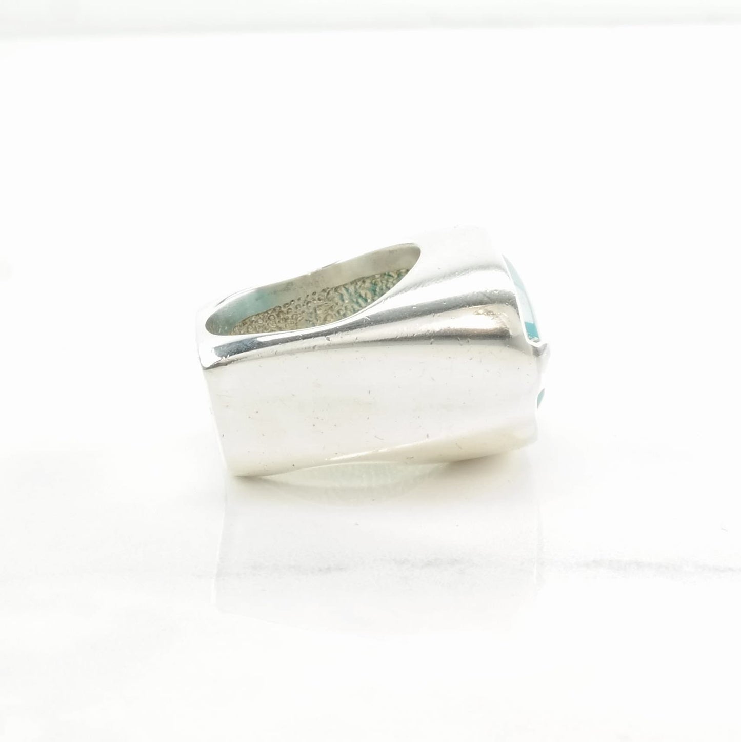 Heavy, Designer Silver Ring Created Turquoise Square Band Sterling Blue Size 7 1/2