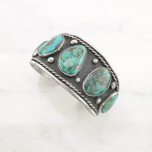 Native American Sterling Silver Cuff Bracelet Blue Morenci Turquoise 5 Stone