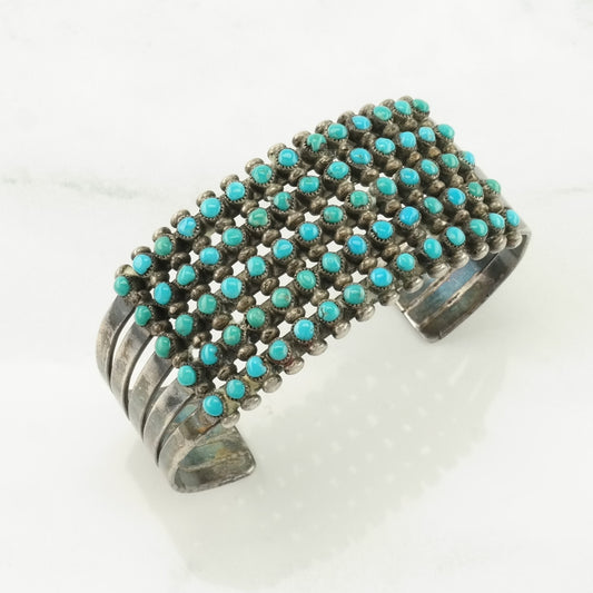 Native American Sterling Silver Cuff Bracelet Blue Turquoise, Cluster 5 Row