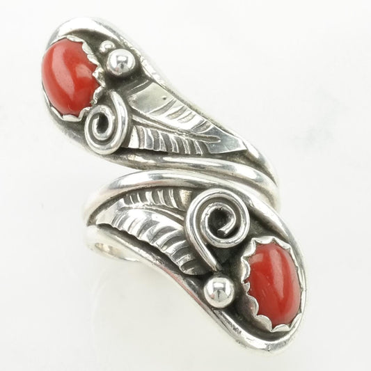 Native American Coral Ring Bypass Sterling Silver