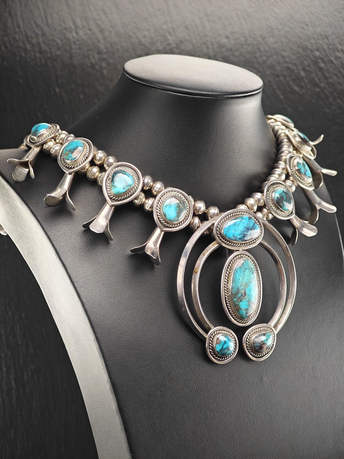Native American Blue Smokey Bisbee, Large Squash Blossom Necklace Sterling Silver