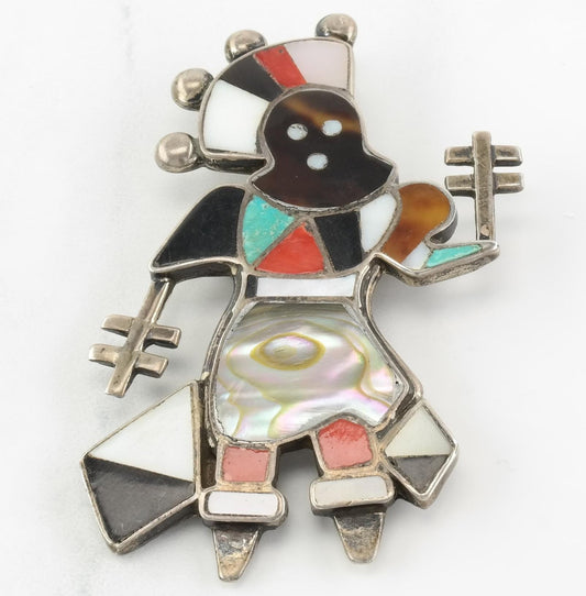 Zuni Brooch Crown Dancer Multi Stone Inlay Sterling Silver