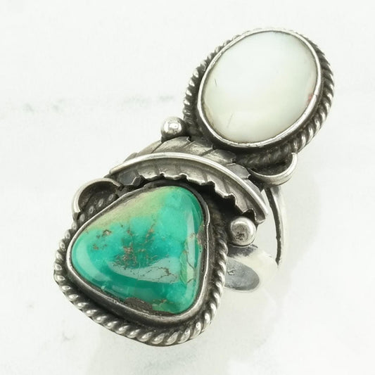 Vintage Native American Silver Ring Turquoise, MOP Floral Sterling Blue, White Size 7 1/2