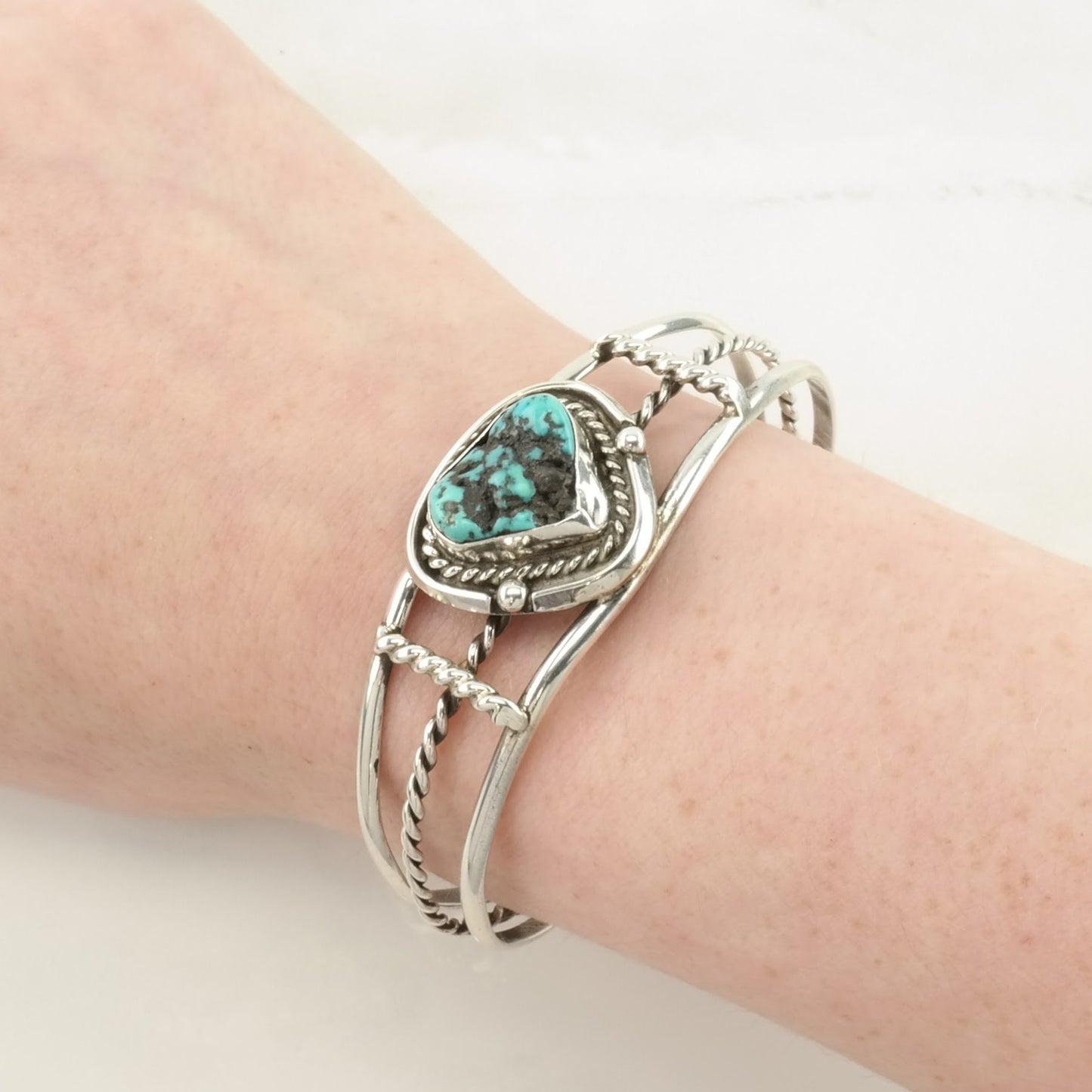 Southwest Sterling Silver Cuff Bracelet Blue Turquoise Rope