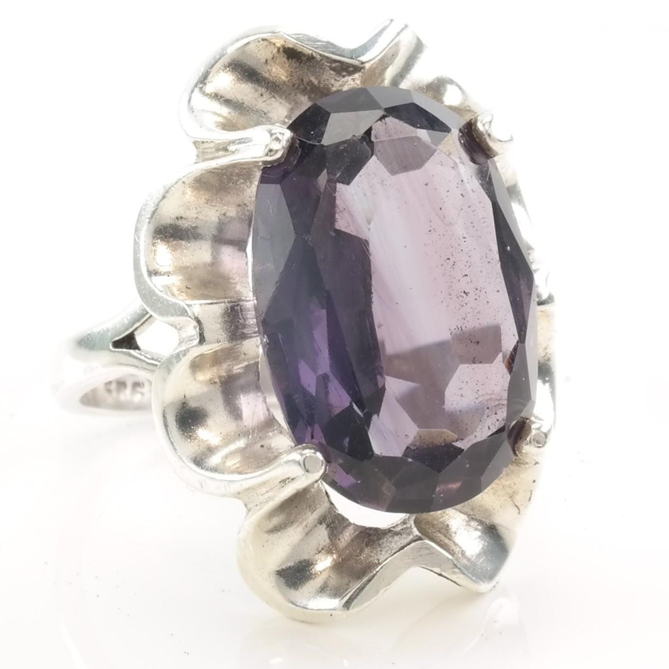 Vintage Taxco Silver Ring Lab Amethyst Flower Size 8