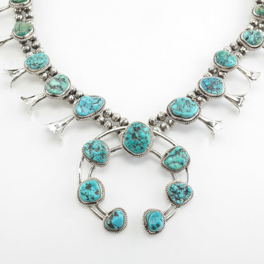 Vintage Southwest Sterling Silver Turquoise Beaded Squash Blossom Necklace