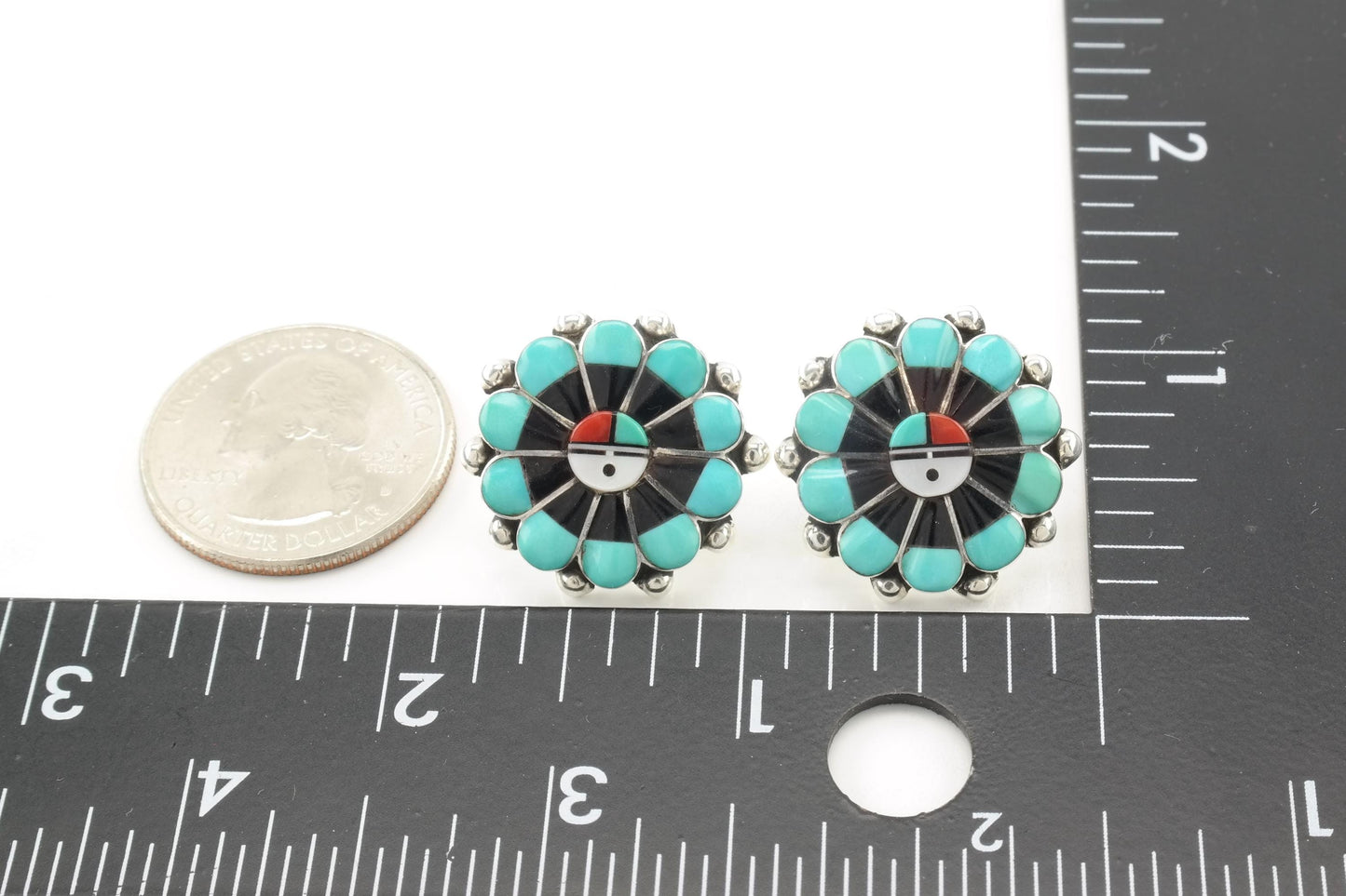 Vintage Zuni Native American Stud Earrings Sterling Silver Sunface Inlay