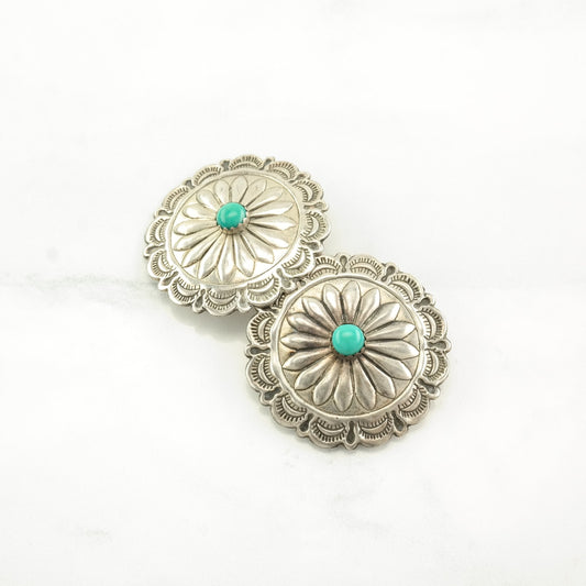 Native American Sterling Silver Blue Turquoise Concho Earrings Clip on
