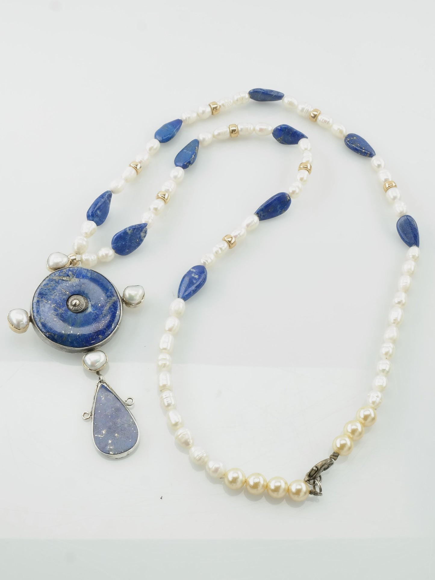 Sterling Silver White Blue FW Pearl Lapis Lazuli Gold Color Beads Necklace N1541