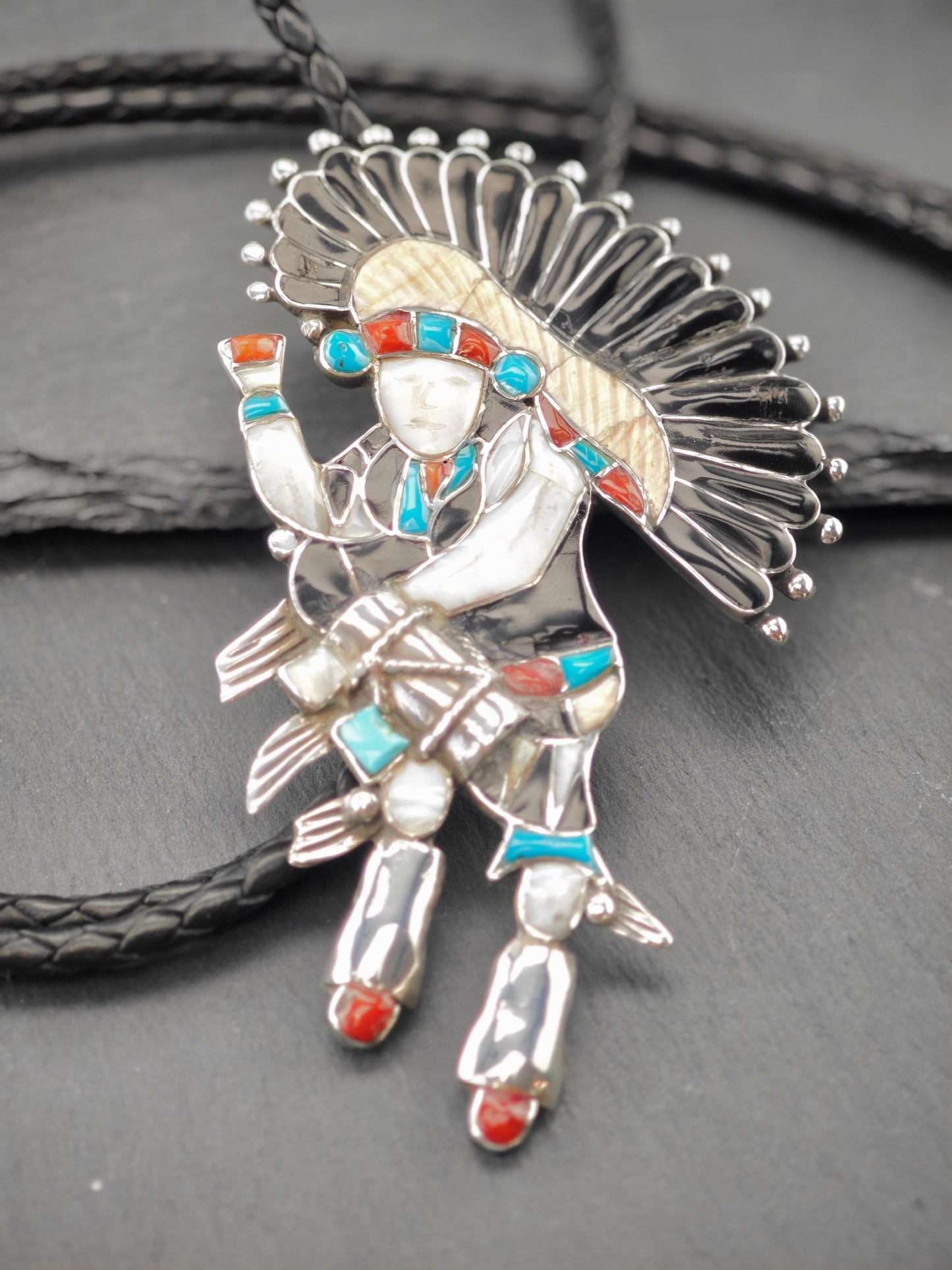Sw Sterling Silver Inlay Drum Dancer, Kachina Bolo Tie Necklace N2429