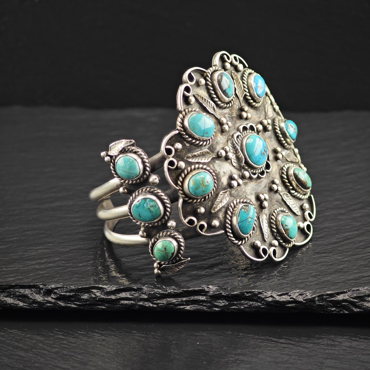 Large Turquoise Floral Cuff Bracelet Native American Sterling Silver