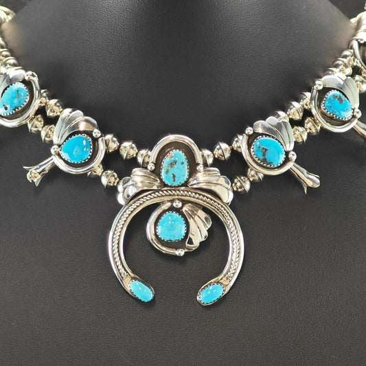 Vintage Native American Sterling Silver Blue Turquoise Squash Blossom Necklace