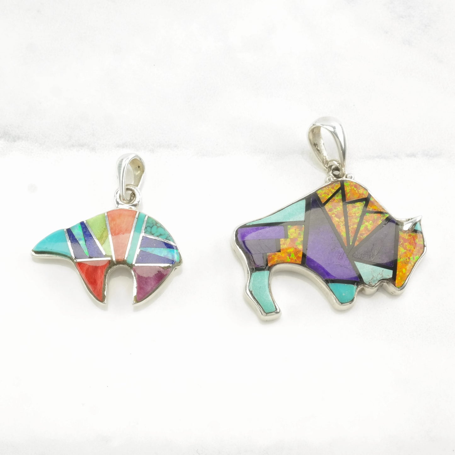 Vintage Southwest Lab Opal, Multi Gem Inlay, Bear, Buffalo, Reversible Sterling Silver Pendant