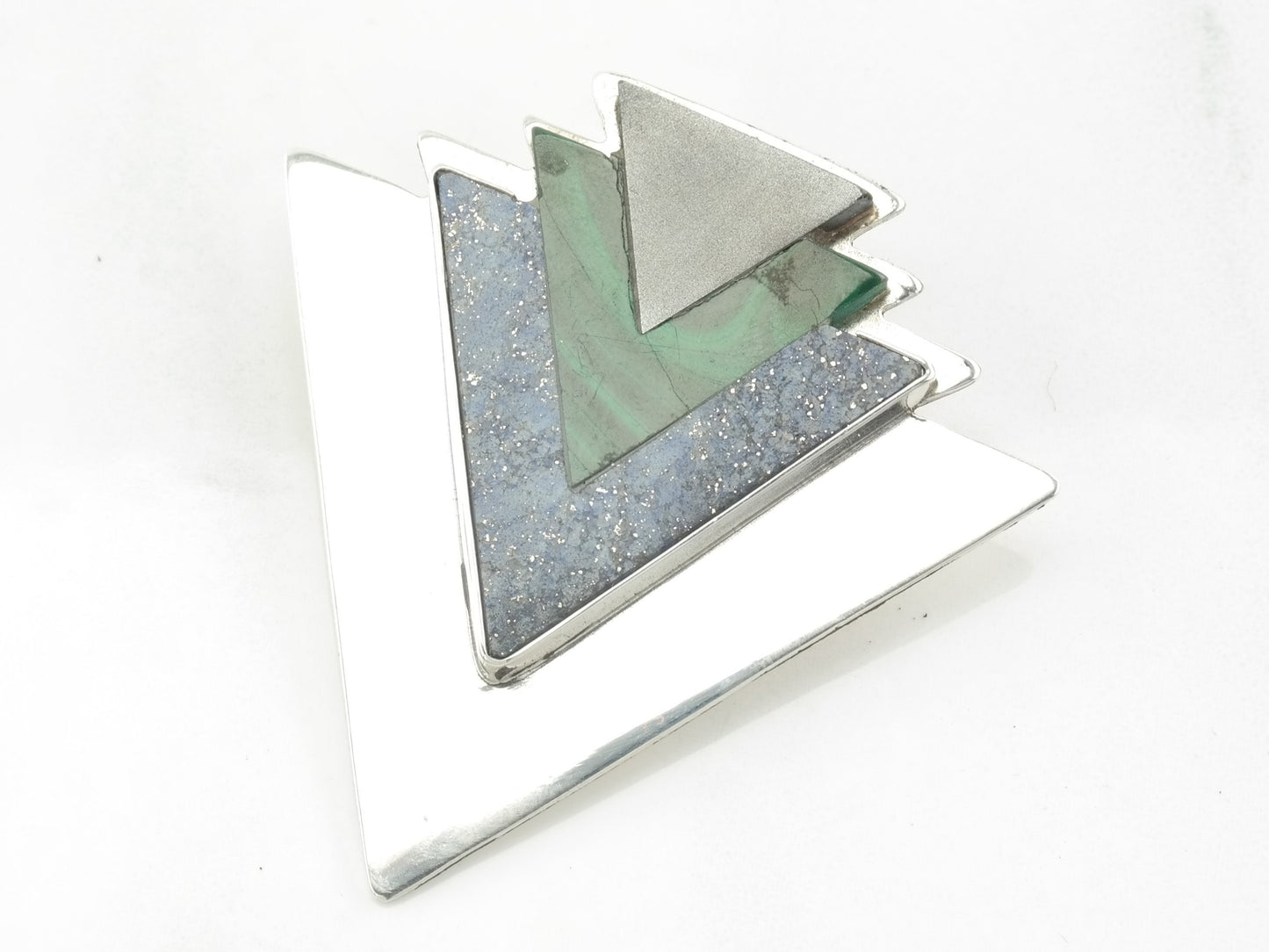 Art Deco Style Sterling Silver Brooch Geometric Inlay Lapis Lazuli Malachite