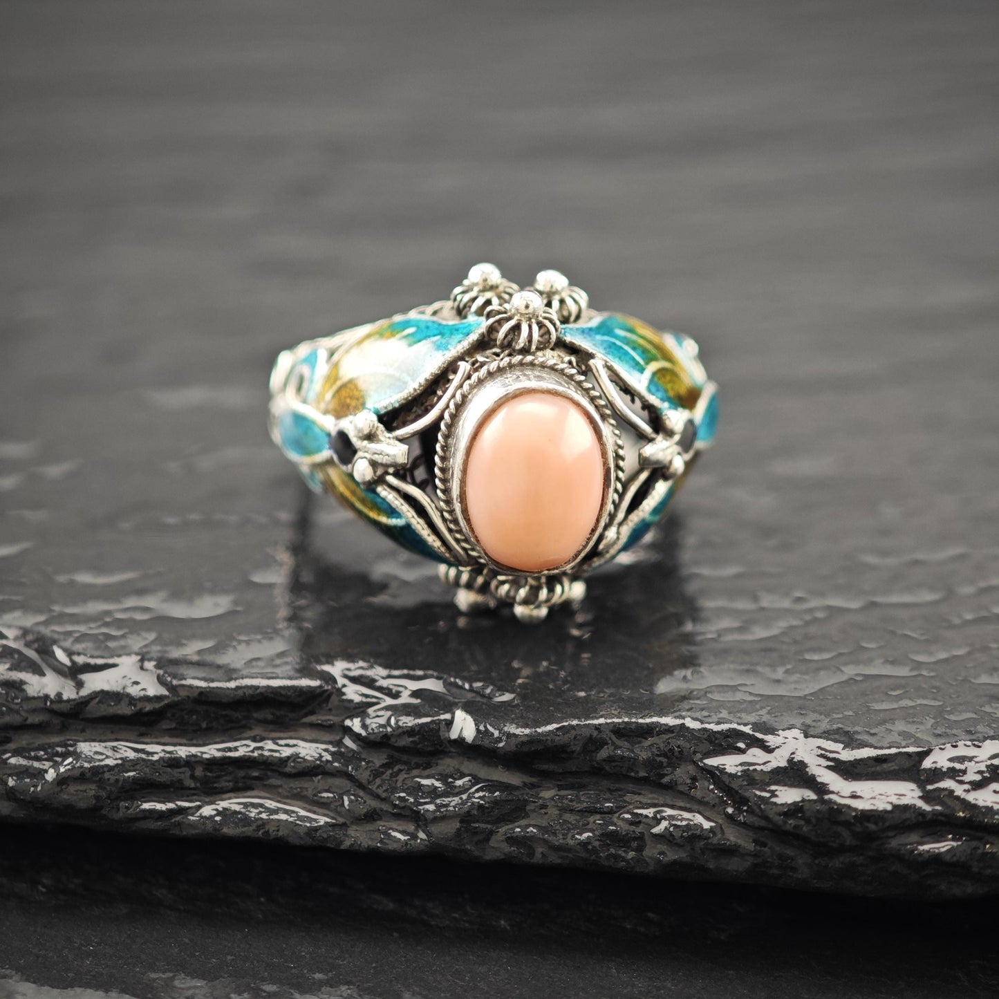 Chinese Export Enamel Butterfly Ring Sterling Silver Size 6