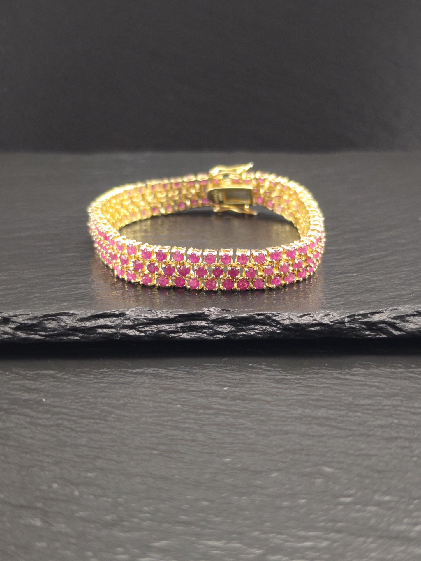 Gold Plated Lead Glass Filled Ruby Three Row Line Bracelet Sterling Silver