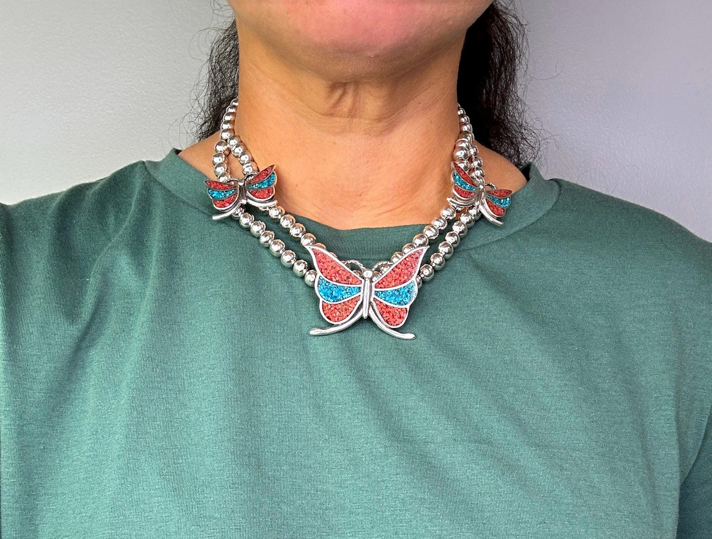 Sterling Silver Butterfly Necklace, Turquoise & Coral, Southwest