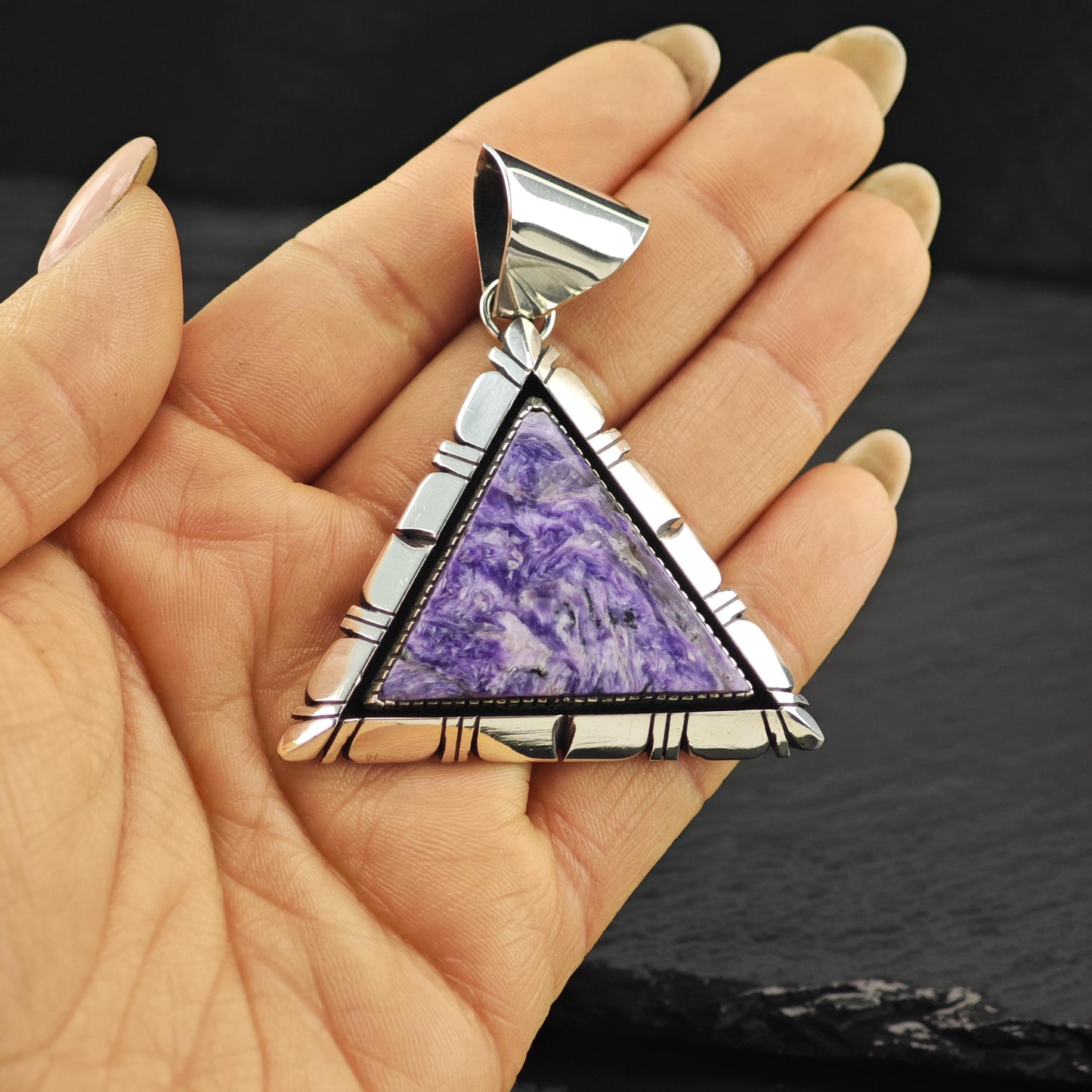 Navajo Charoite Pendant Sterling Silver Triangle P2821
