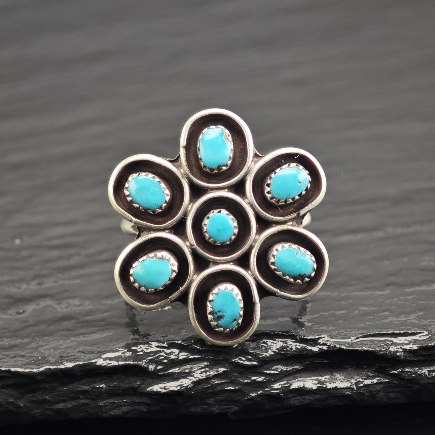 Vintage Native American Turquoise Flower Sterling Silver Ring Sz 7 3/4 R6646