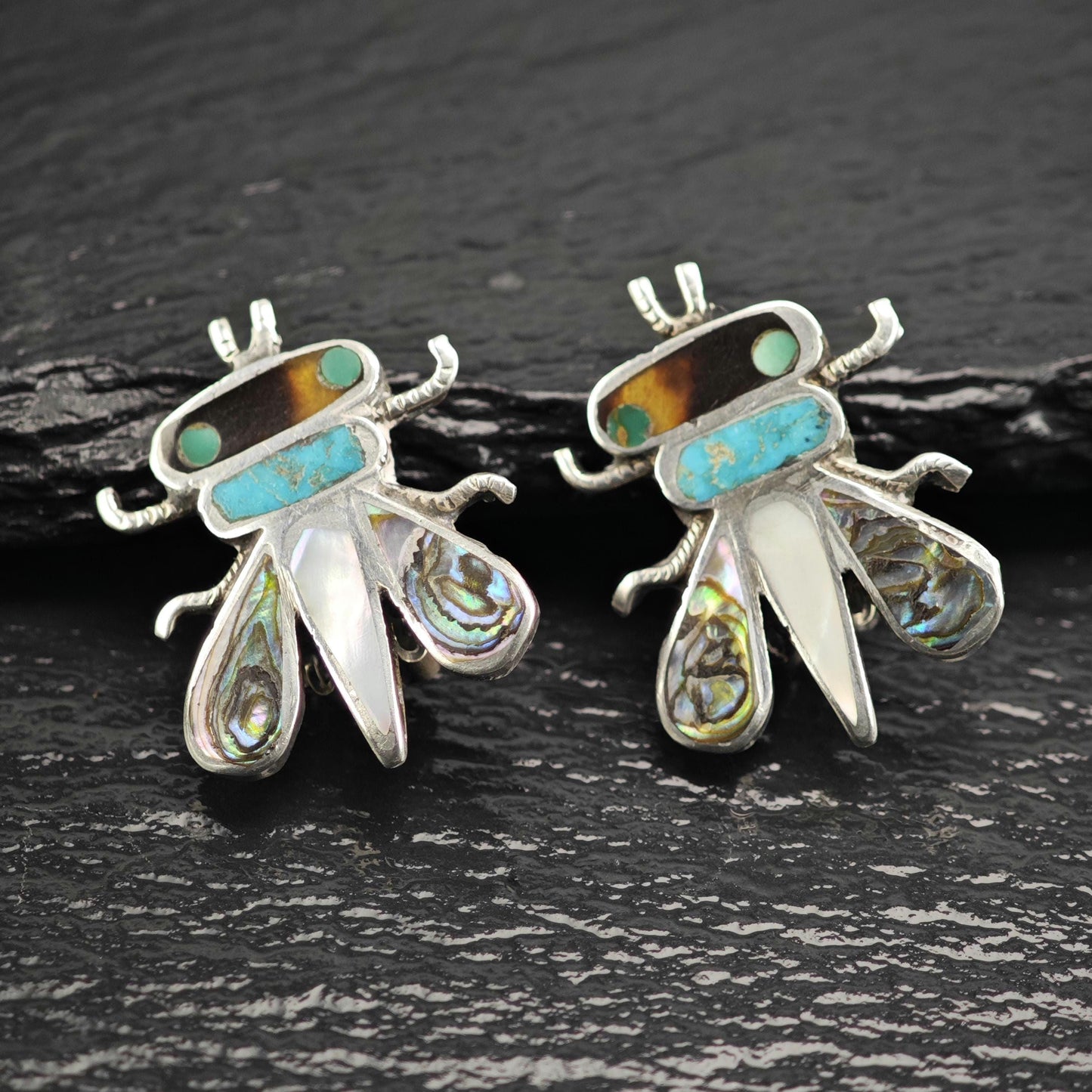 Vintage SW Inlay Bee Clip On Sterling Silver Earrings ER3106