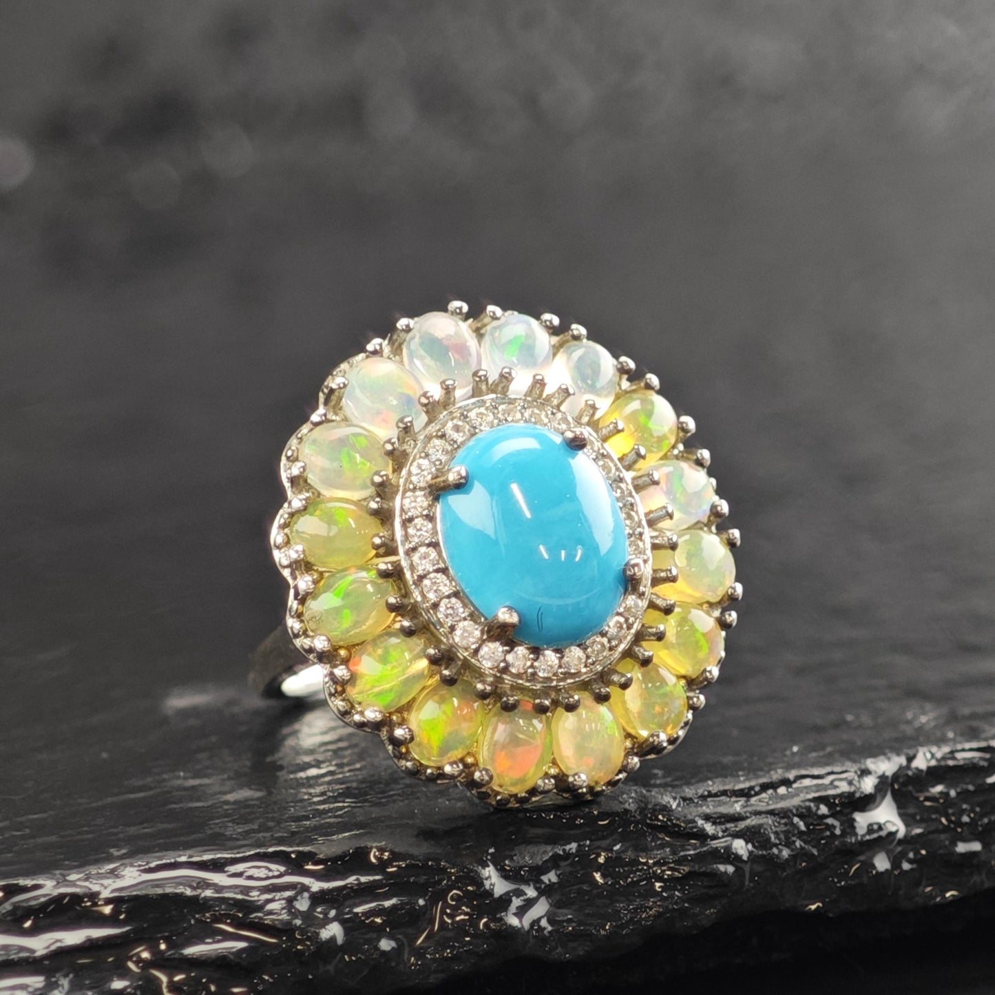 Vintage Turquoise & Opal Sterling Silver Ring Sz 5 1/4 R6612
