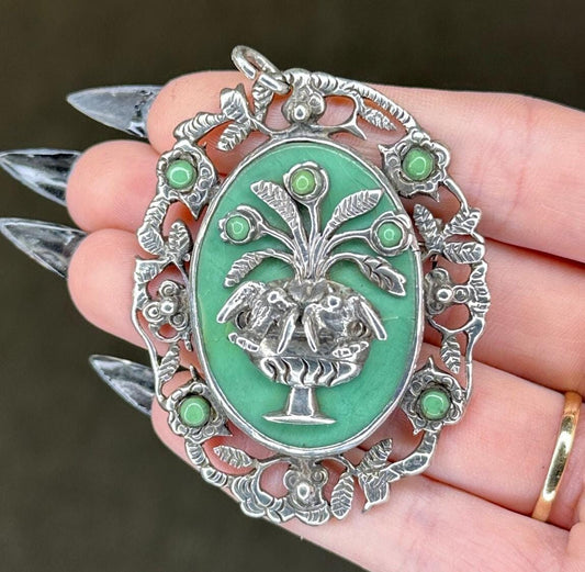 Pre Eagle Taxco Pendant Brooch Faux Turquoise Floral, Bird, Fountain Sterling Silver