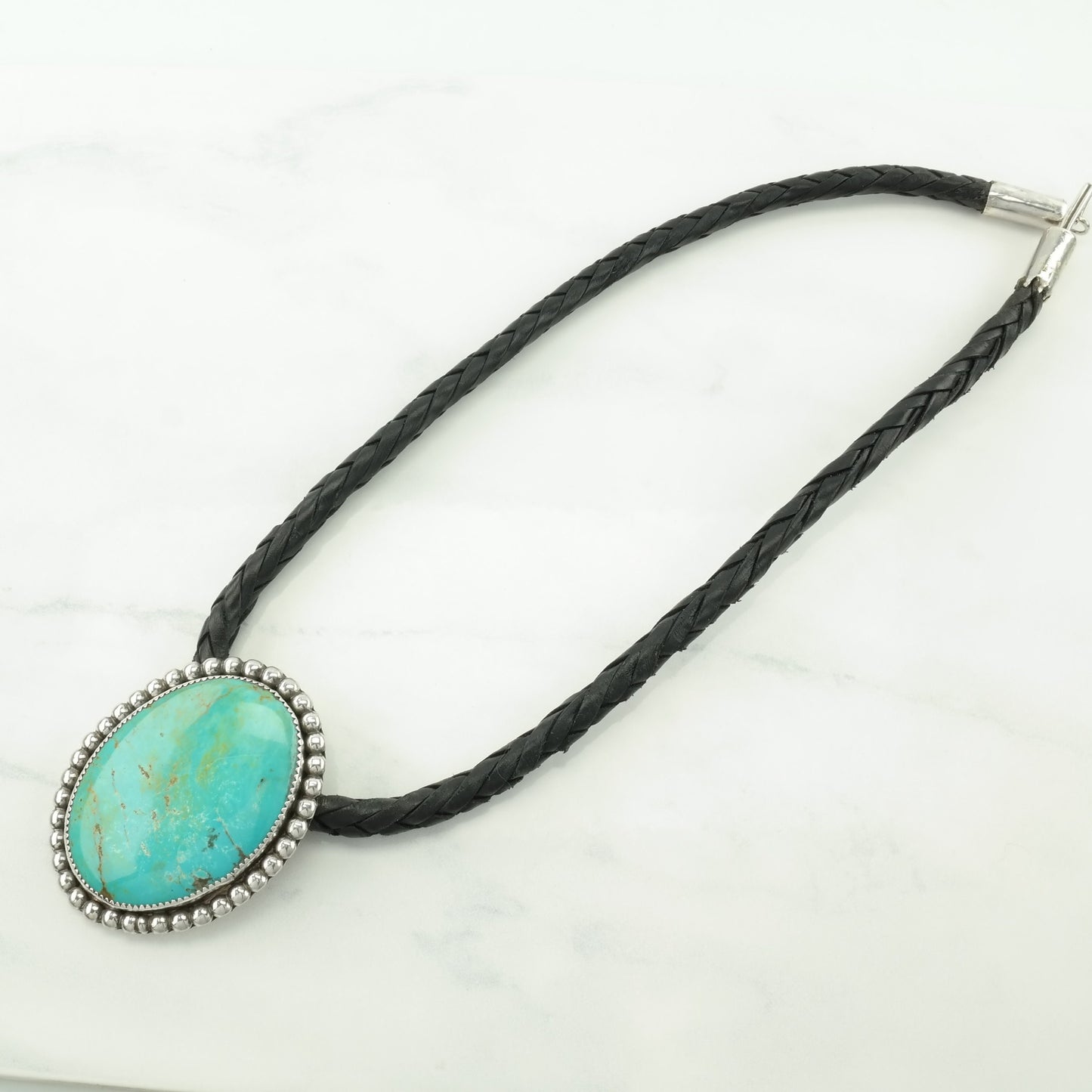 Southwest Sterling Silver Blue Turquoise Leather Cord Necklace