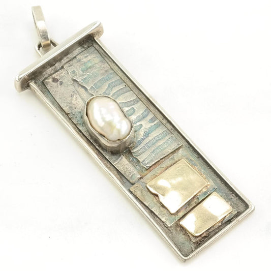 Vintage Brutalist Pearl Gold Toned Elements Sterling Silver Pendant