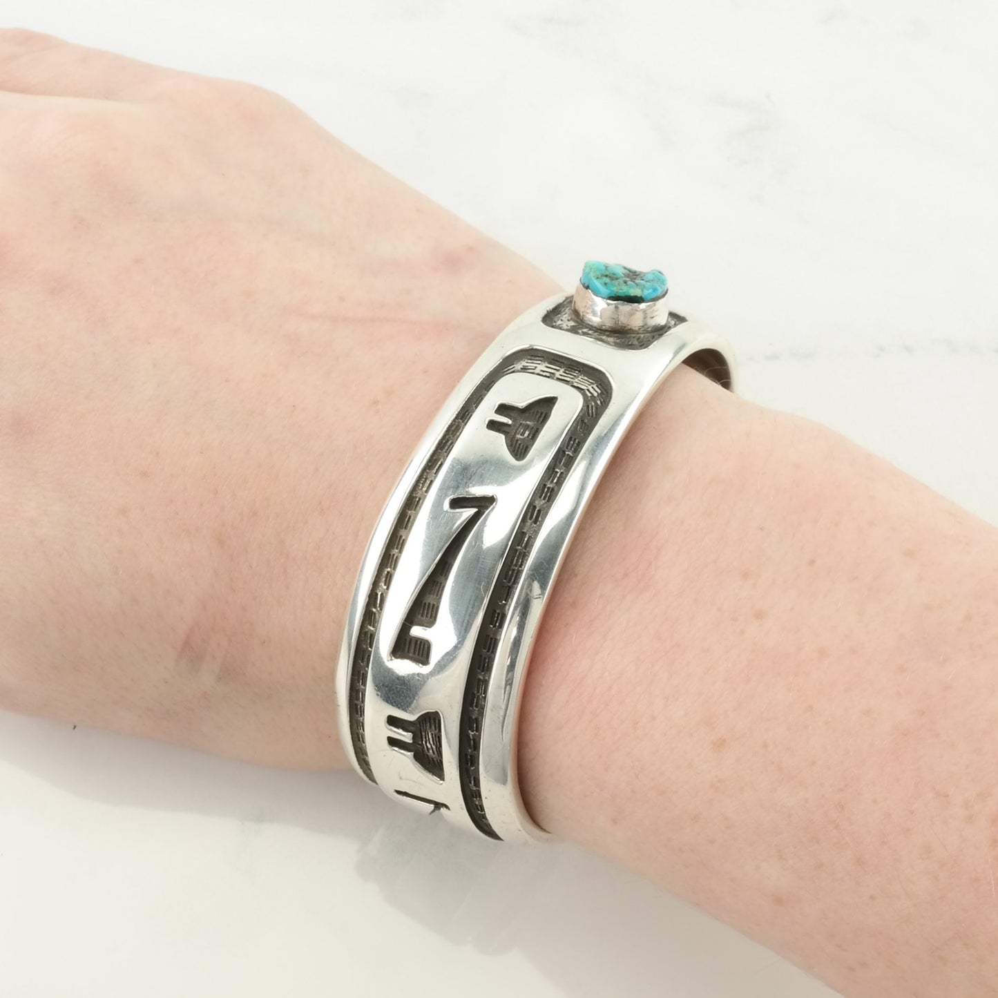 Hopi, Native American Sterling Silver Cuff Bracelet Blue Turquoise Asymmetrical, Overlay