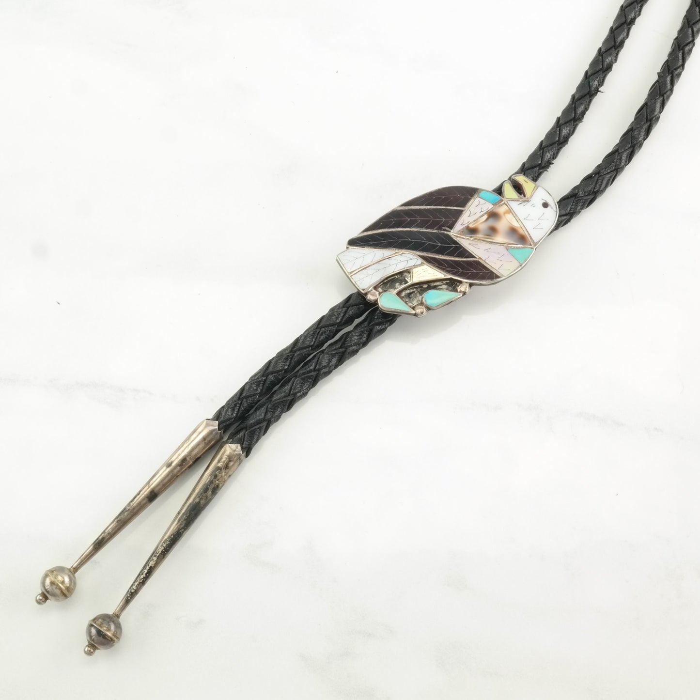 Zuni Eagle Inlay Bolo Tie Native American Sterling Silver Turquoise Necklace Leekity