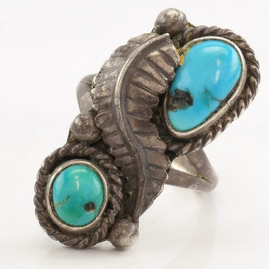 Vintage Native American Silver Ring Turquoise Leaf Double Stone Sterling Size 7 1/2