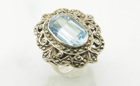 Art Deco Silver Ring Topaz Marcasite Sterling Blue Size 6.5