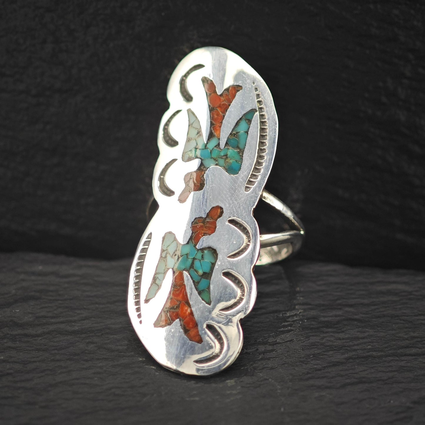 Native American Turquoise Coral Inlay Ring Sterling Silver