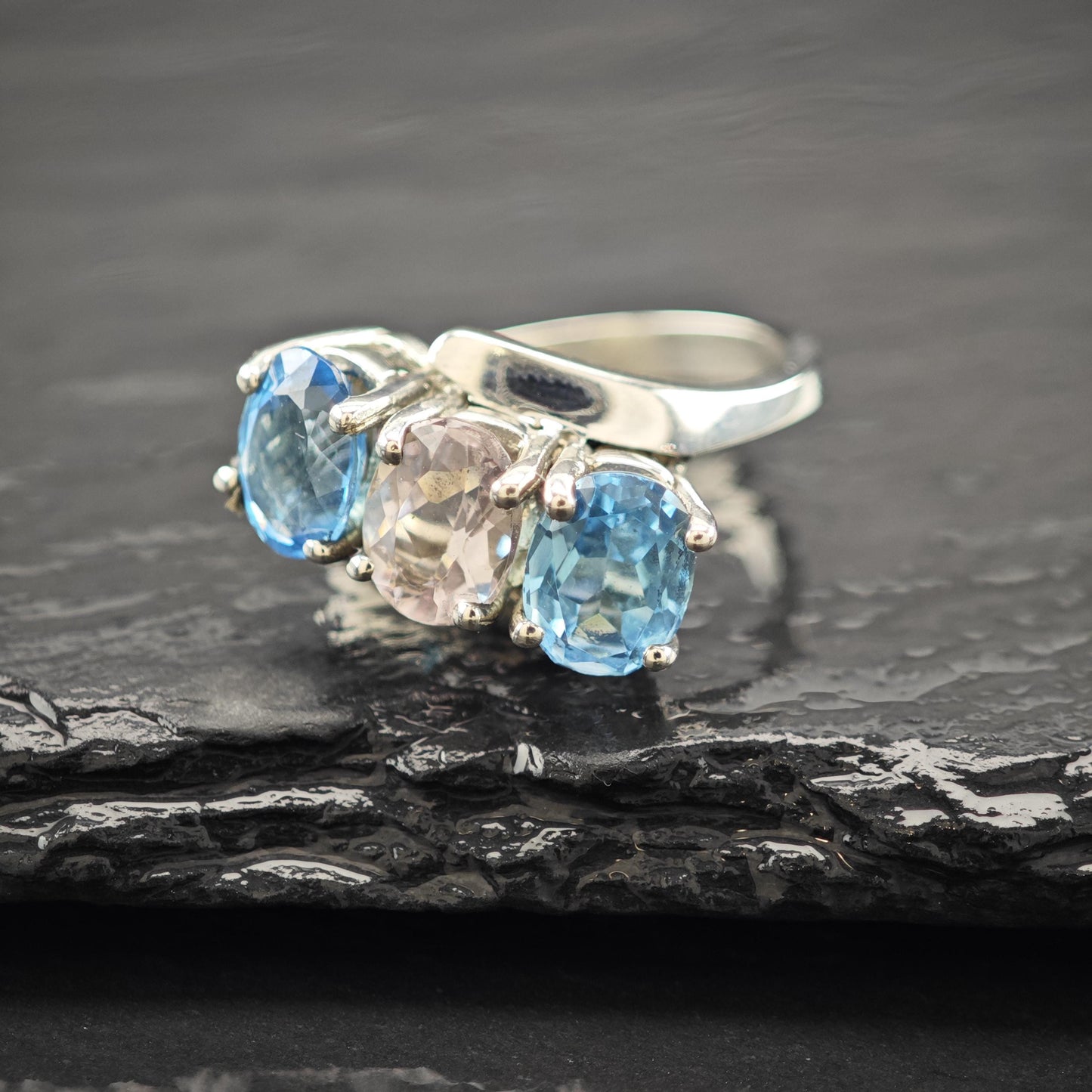 Natural Amethyst and Topaz Ring: Sterling Silver Vintage Style Size 6 3/4