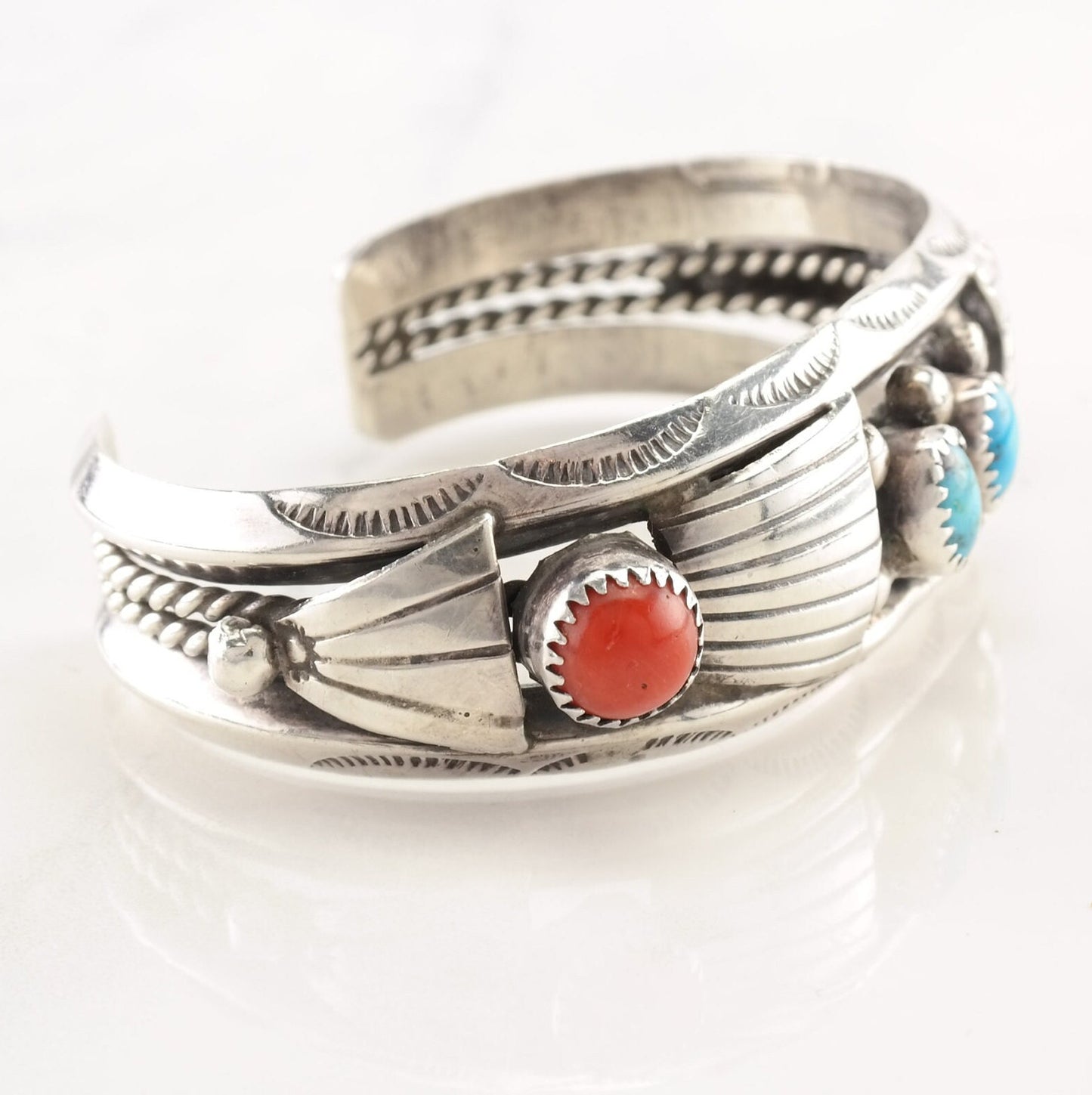 Native American Sterling Silver Turquoise Coral Cuff Bracelet