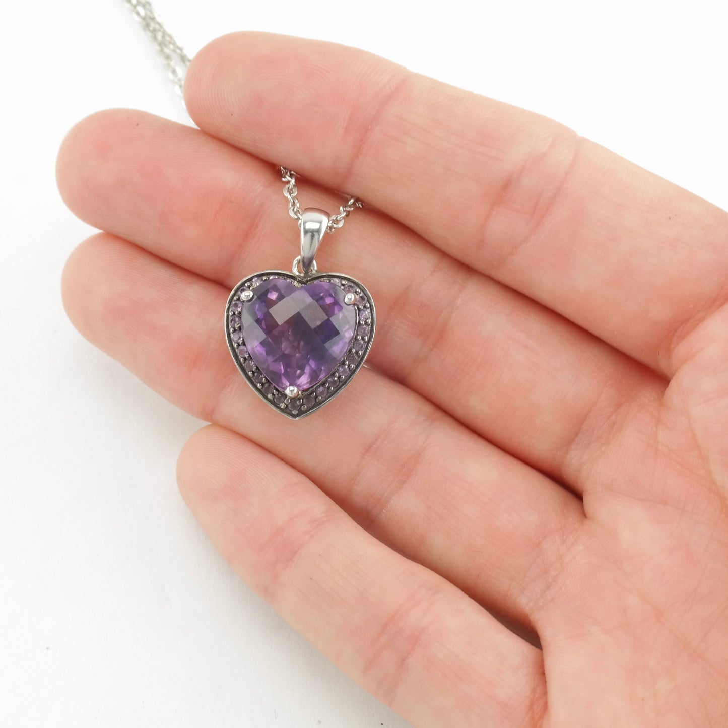 Sterling Silver Purple Amethyst Heart, Checkerboard Cut Necklace