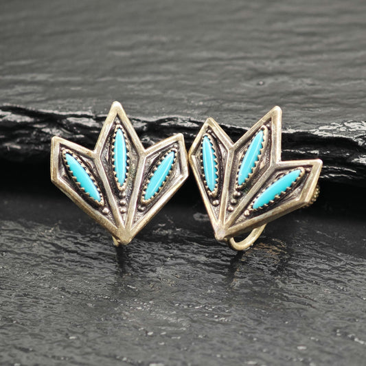 SW Needle Point Block Turquoise Screw Back Sterling Silver Earrings ER3187