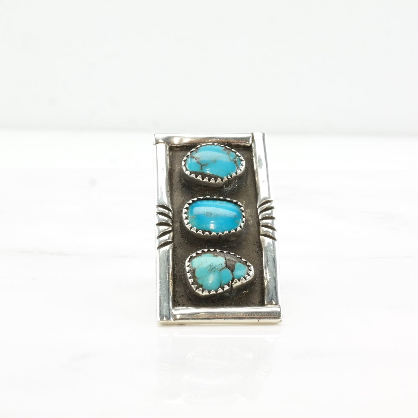 Vintage Native American Silver Ring Turquoise Three Stone Shadowbox Long Rectangle Sterling Size 5 1/4