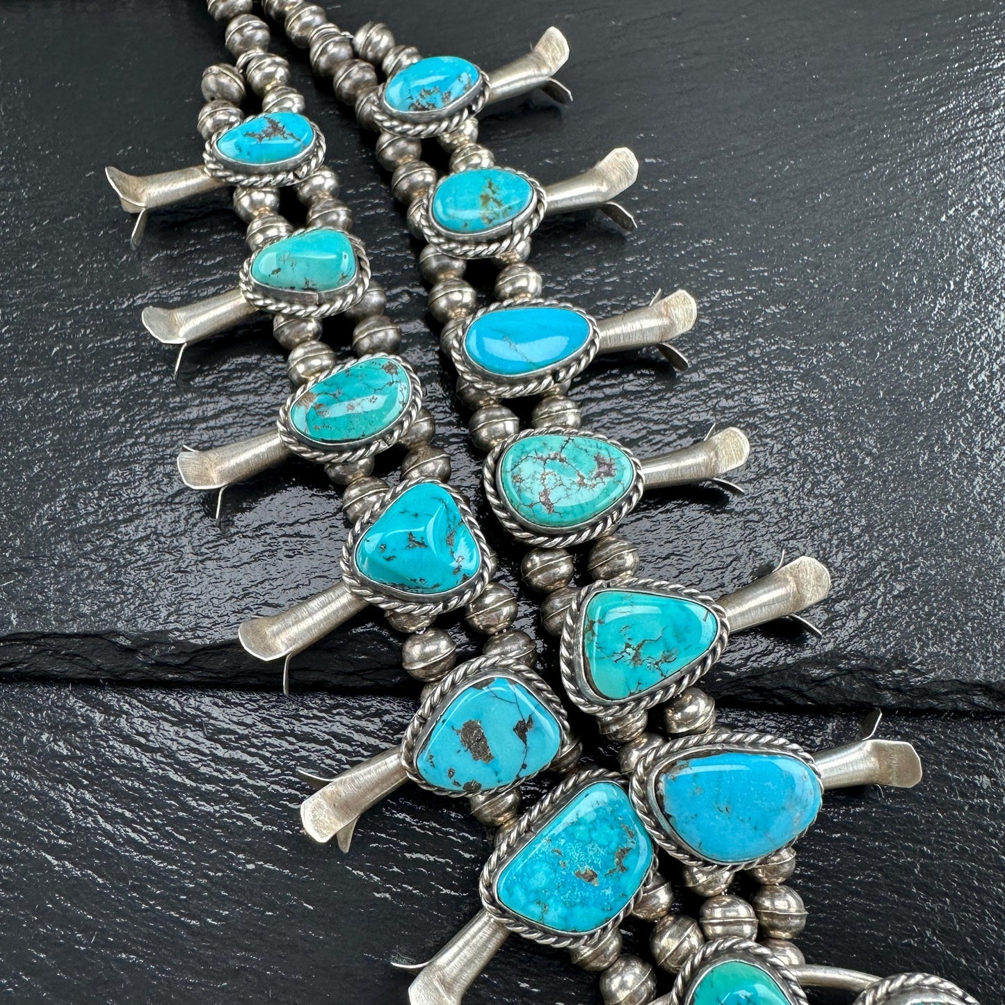 Native American Sleeping Beauty Turquoise Squash Blossom Necklace in Sterling Silver