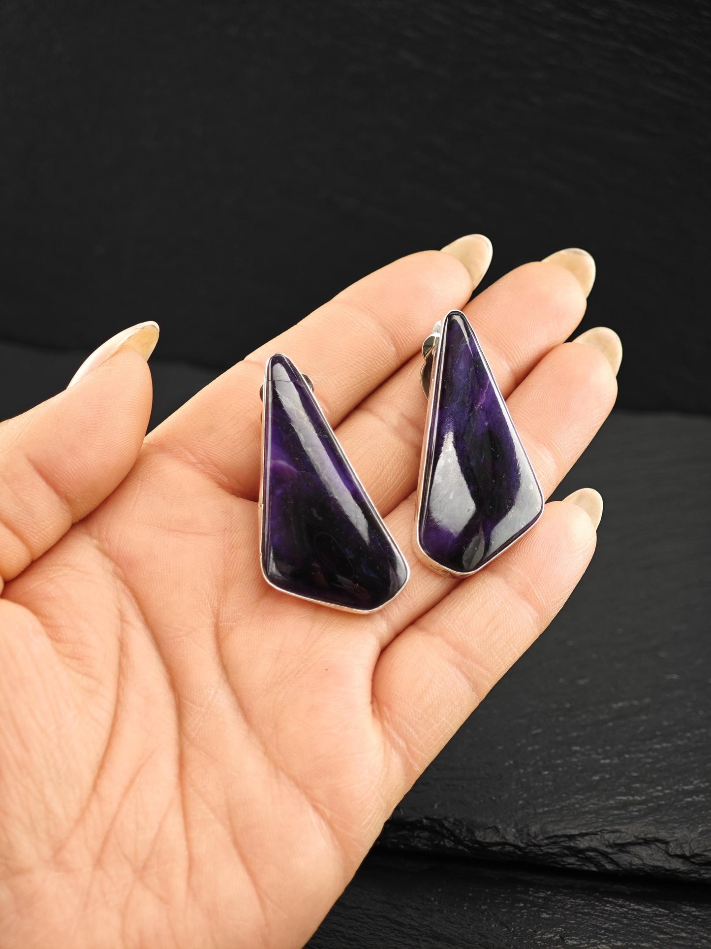 Vintage Purple Sugilite Sterling Silver Clip-On Earrings - Unique Abstract Design